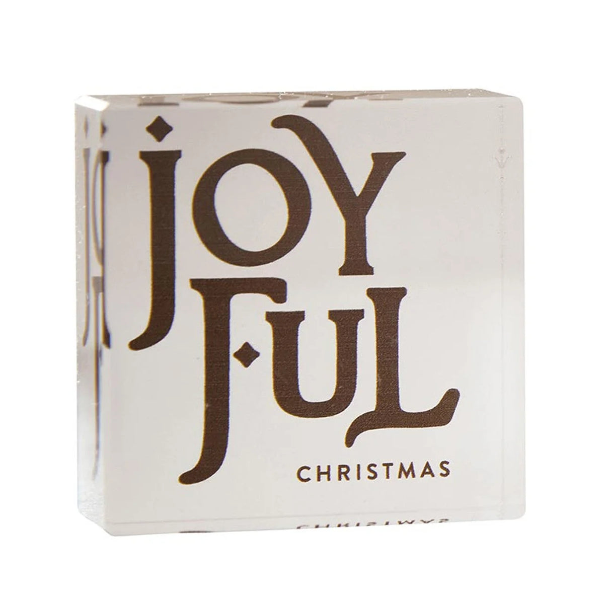 Decorative white CHRISTMAS THEMED LUCITE BLOCK featuring JOYFUL CHRISTMAS text in brown