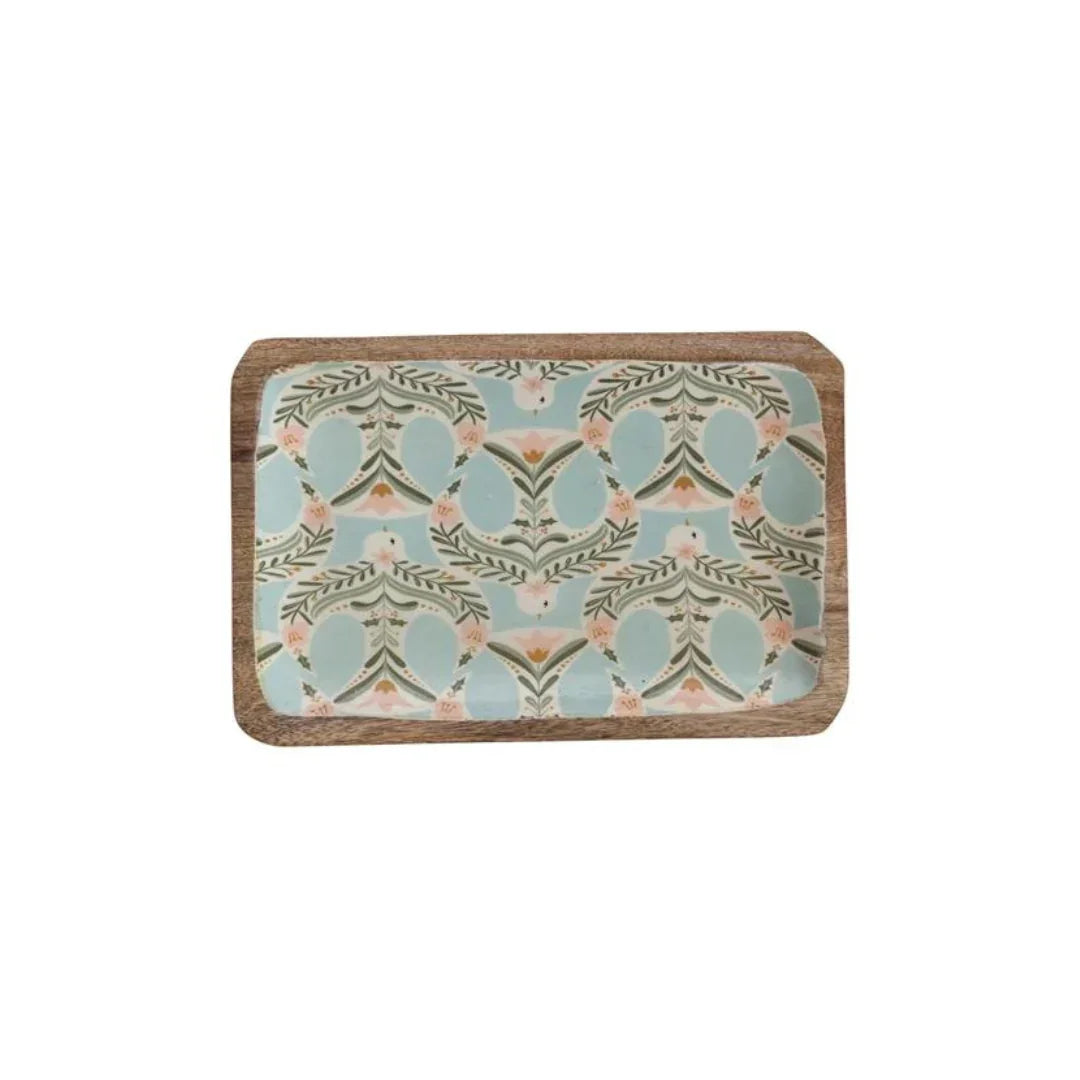 Decorative wooden tray with mint green and peach floral pattern for women’s boho chic clothing