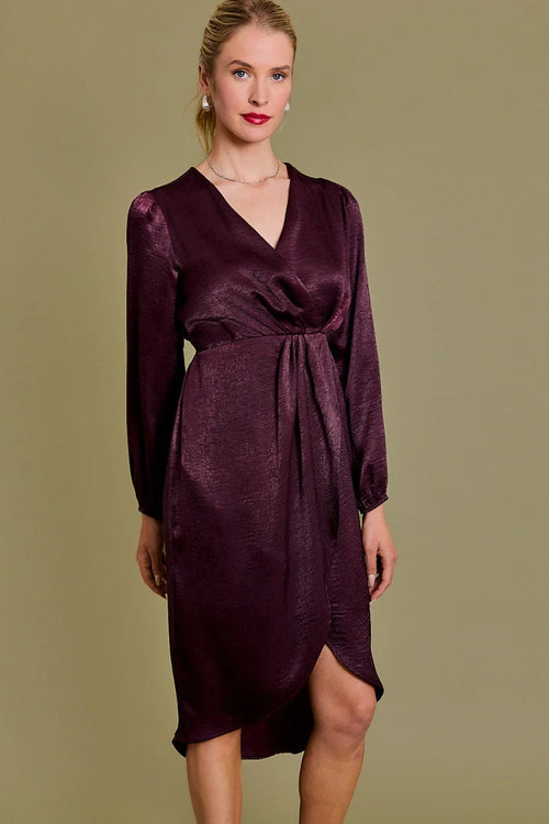 Deep burgundy long sleeve surplice midi dress, ideal as a formal dinner dress