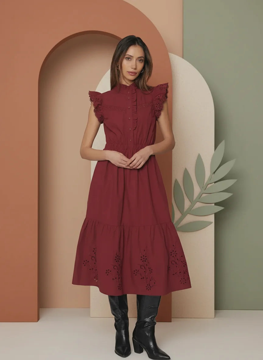 Deep red LOST + WANDER ARTISTA AURA MIDI DRESS with ruffled sleeves and embroidered hem