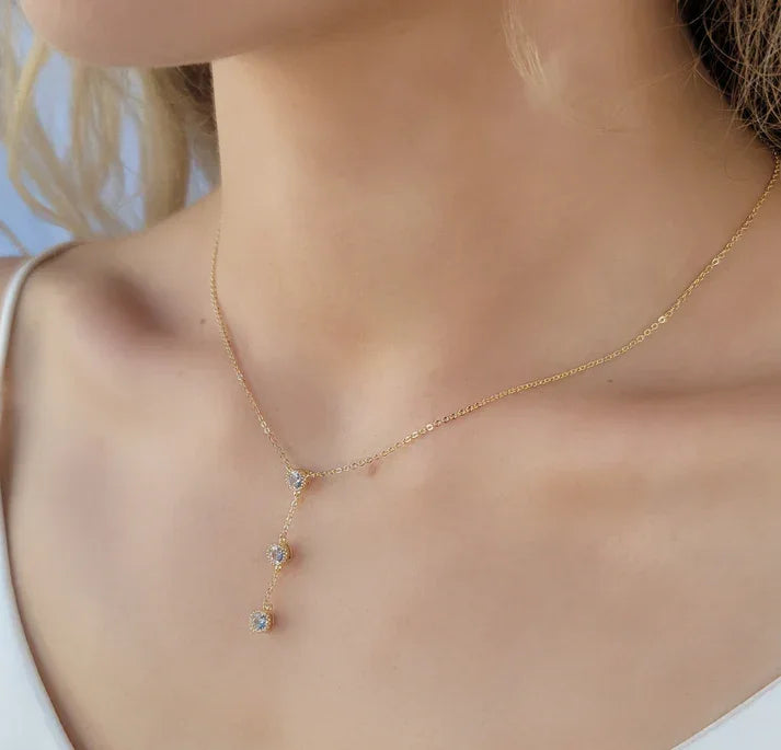 Dainty chain necklace with three sparkling CZ teardrop pendants, elegant chain necklace
