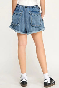 Denim cargo shorts featuring balloon style pockets for a stylish and functional look