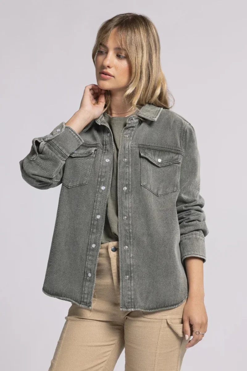 Thread and Supply Pippin Jacket in muted gray denim with button-down closure and patch pockets