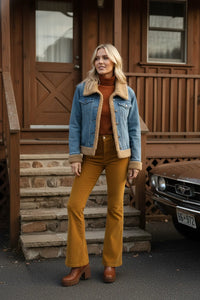 Thread and Supply Henrietta Jacket with shearling denim and mustard pants