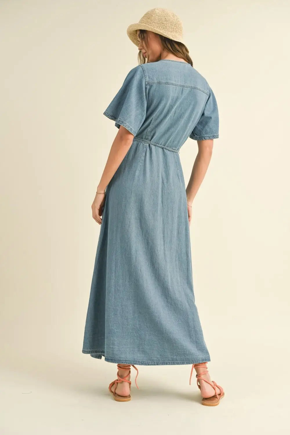 Washed Denim Wrap Maxi Dress with Short Sleeves, stylish denim wrap maxi dress