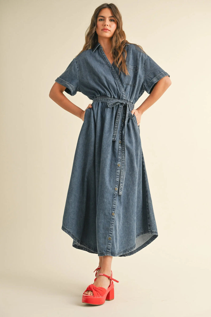 Denim midi dress with tie waist from BUTTON DETAIL DEMIN SHIRT DRESS collection