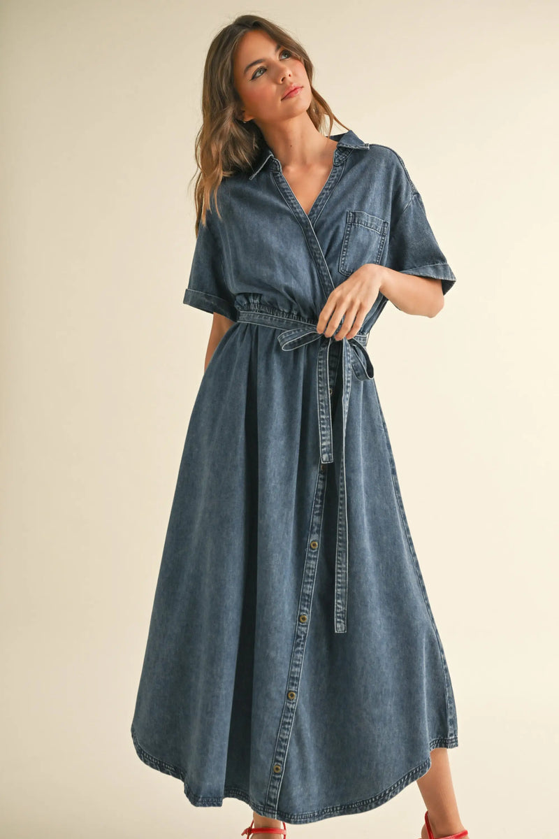 Button Detail Denim Shirt Dress featuring a stylish midi length and chic design