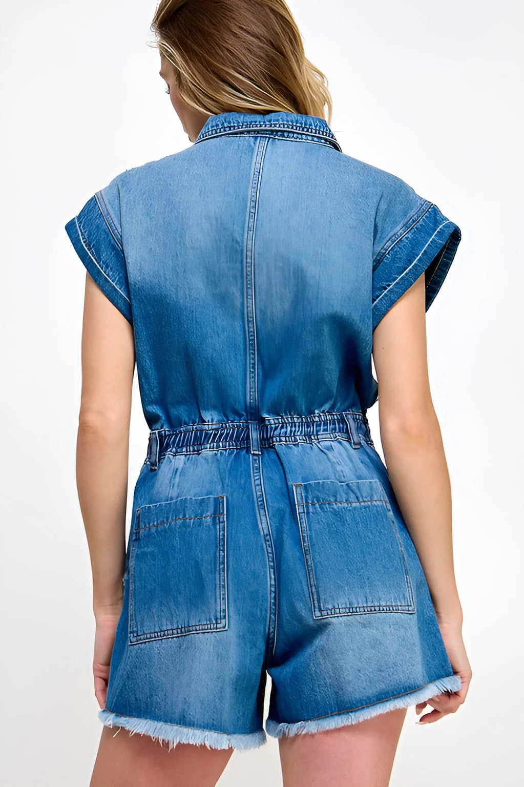 Denim romper with short sleeves and frayed hem shorts in a stylish boho design