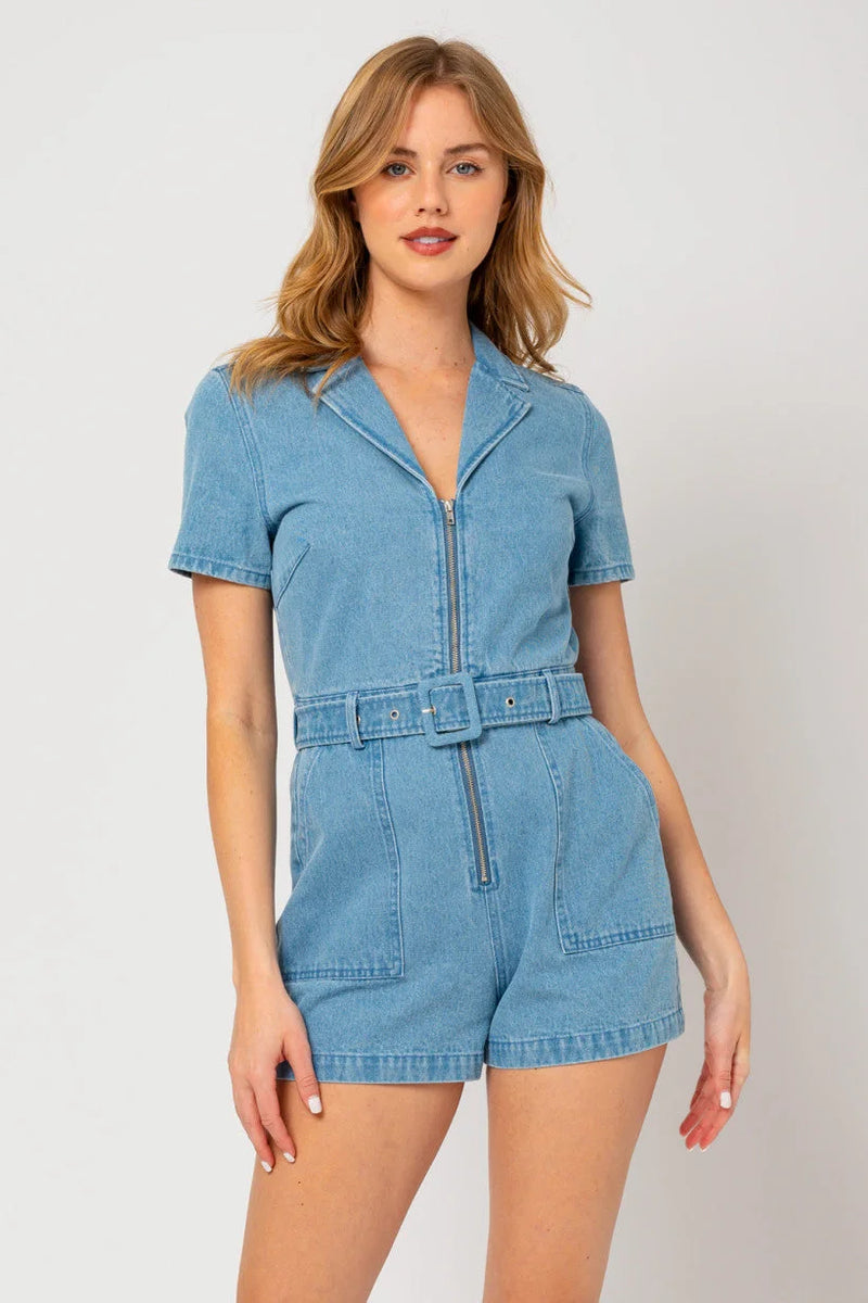 Short Sleeve Front Zip Up Denim Romper with Belt for a Stylish Boho Look