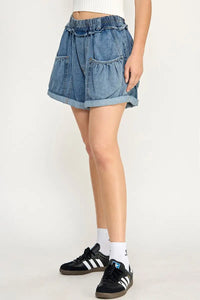 Denim ruffle-pocket shorts featuring stylish balloon style pockets for a trendy look