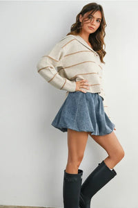 Striped collared cardigan with denim skirt and knee-high boots