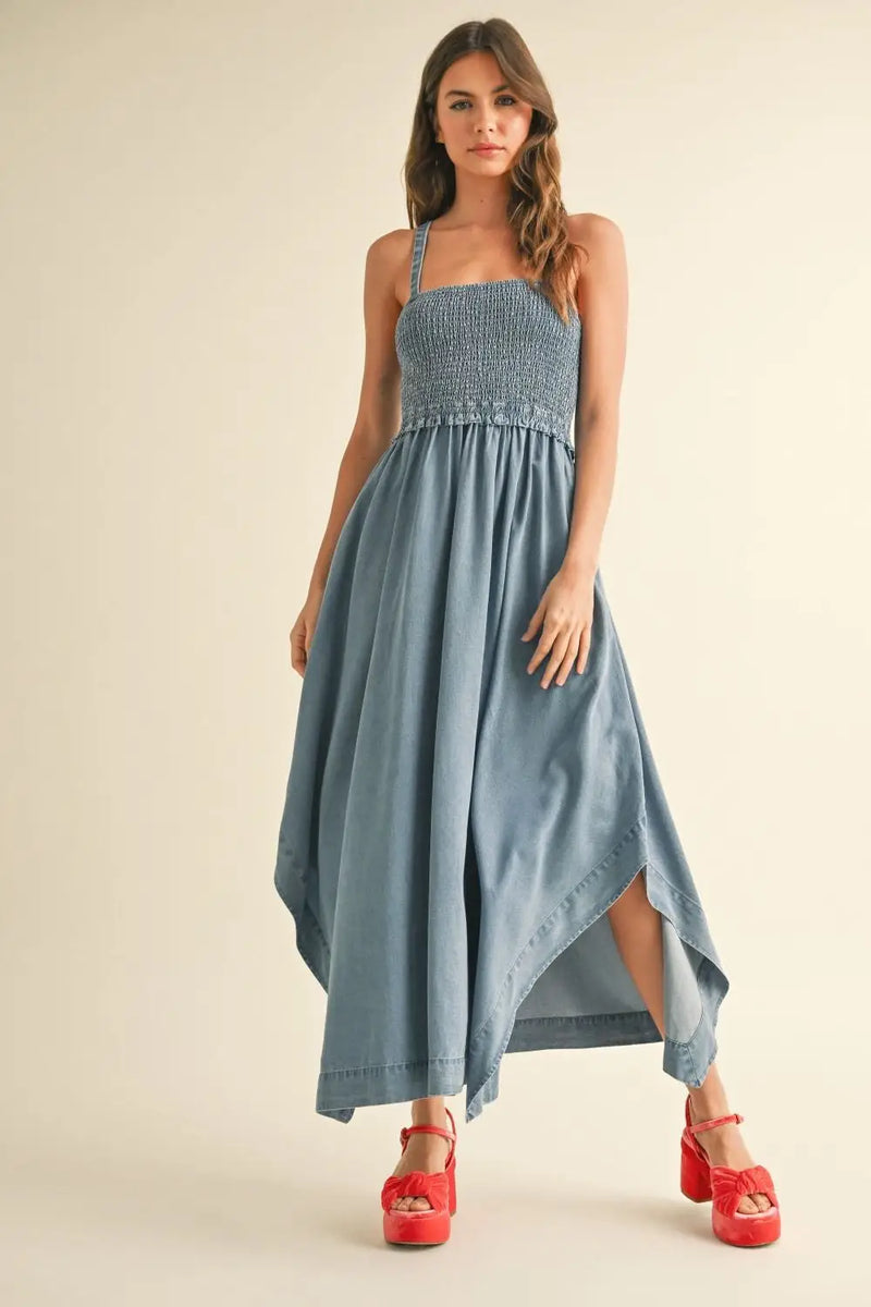 TENCEL Smocking Top Long Dress featuring a Denim Smocked Bodice in Women’s Boho Chic Clothing