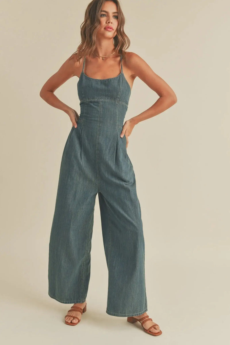 Denim wide-leg jumpsuit in washed denim from CALI TIE-BACK WASHED DENIM JUMPSUIT collection