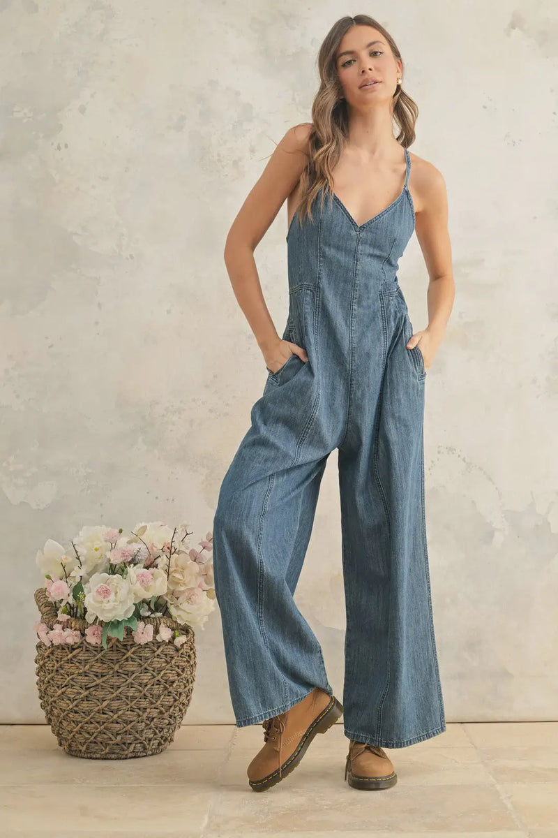 Denim wide-leg jumpsuit from Shop Daisy, perfect for women’s boho chic clothing