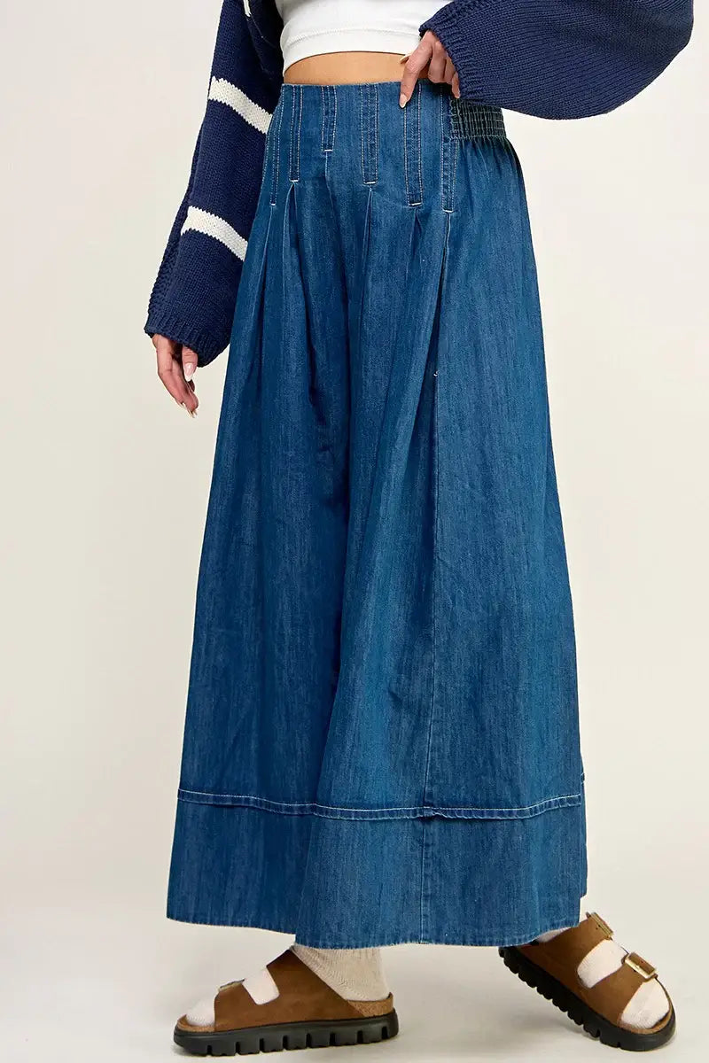 LONG DENIM A LINE FLARED WIDE LEG PANTS in denim fabric for women’s boho chic clothing