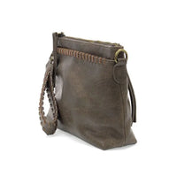Distressed dark brown vegan leather crossbody bag with braided detailing and removable shoulder strap
