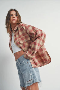 Distressed light-wash denim shorts with frayed hems paired with PLAID LONG SLEEVE SHIRT JACKET