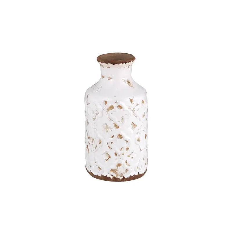 Distressed white ceramic Cream Bottle Vase showcasing a vintage bottle vase design