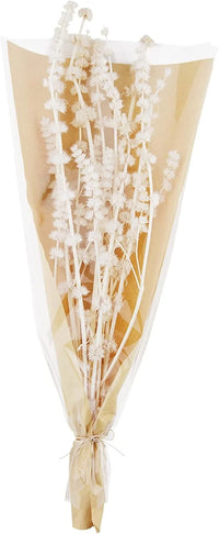 Dried white delphinium flowers in paper, paired with Lions Grass Stalks for decor