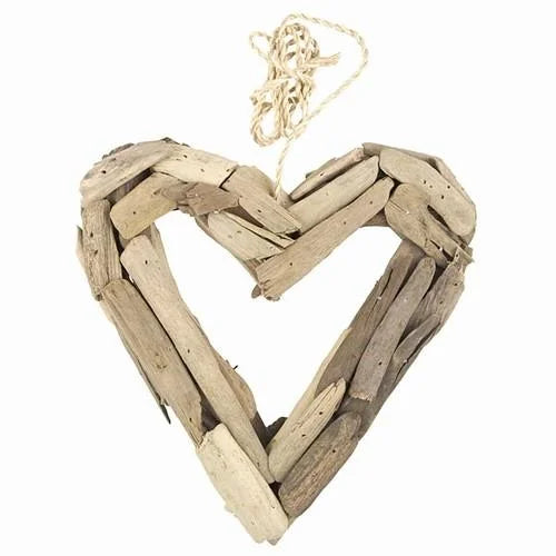 Driftwood heart with rope showcasing a charming wooden hanging heart design