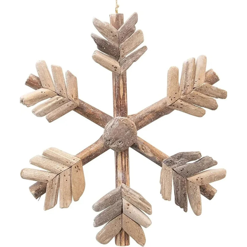 Handmade driftwood snowflake ornament on display