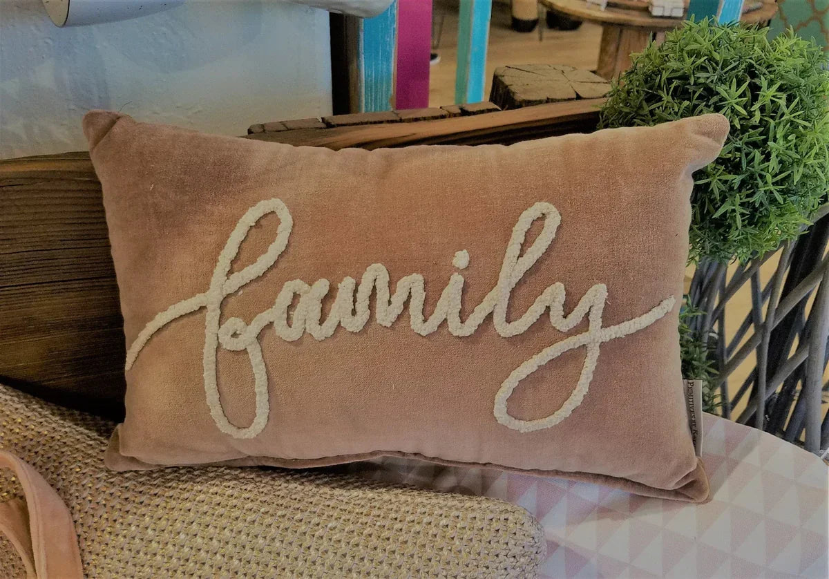 Dusty pink velvet pillow with family embroidered in white cursive, Shop Daisy collection