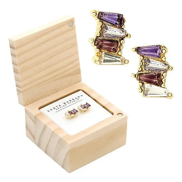 Colorful baguette crystal treasure box earrings in a wooden box for TREASURE BOX EARRINGS - LAVENDER