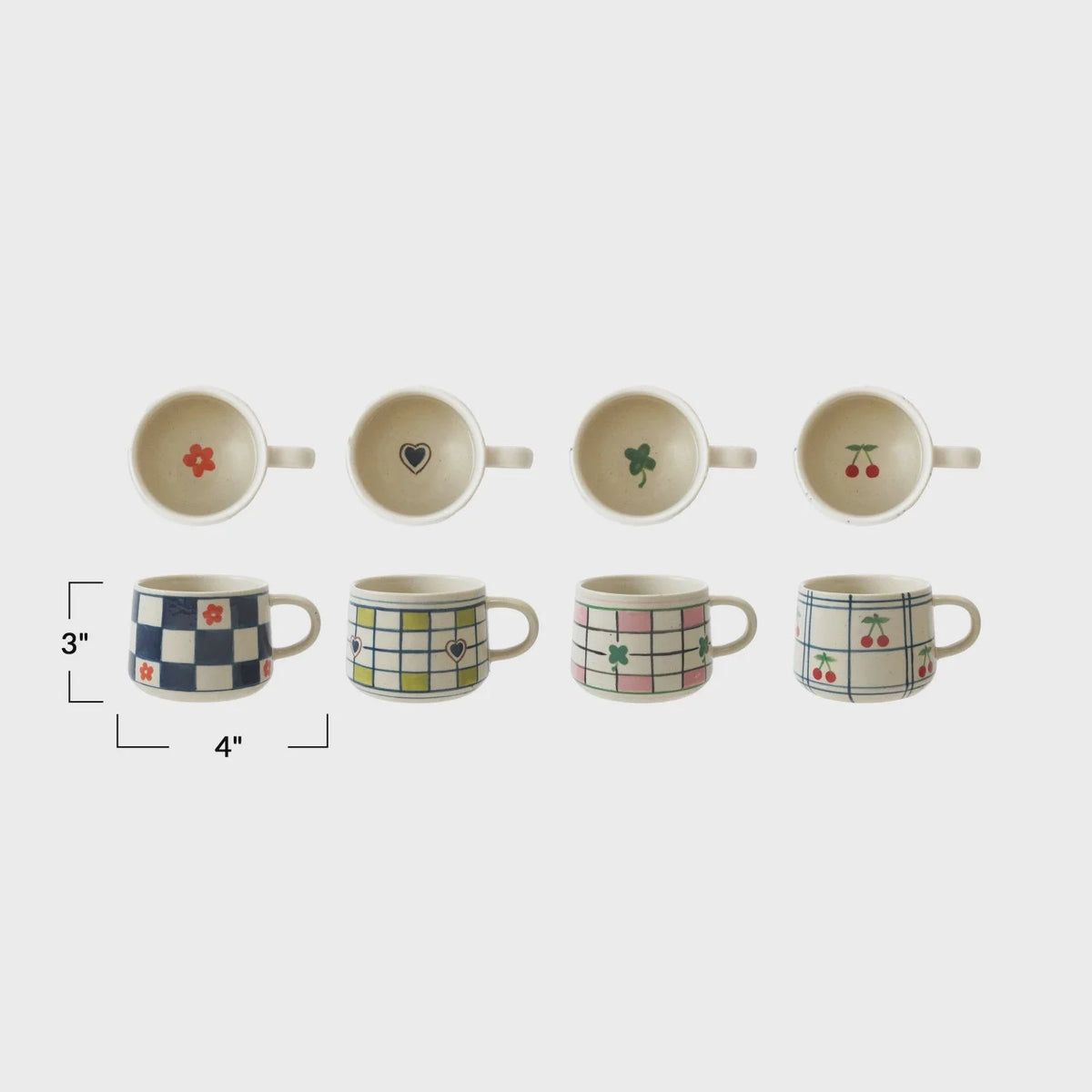 Eight colorful hand-painted stoneware mugs with floral, checkered, and cherry patterns