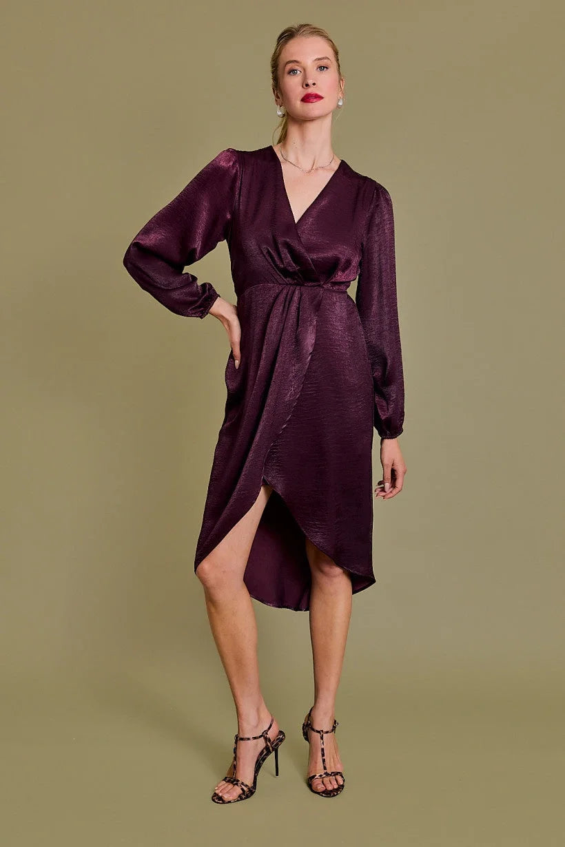 Elegant plum-colored Long Sleeve Surplice Midi Dress, perfect as a formal dinner dress