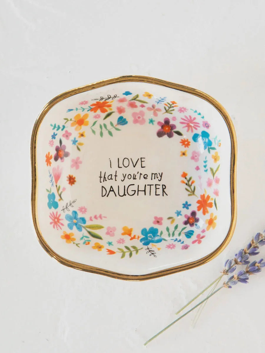 Embroidery hoop with floral design and text for ANTIQUED TRINKET BOWL - DAUGHTER