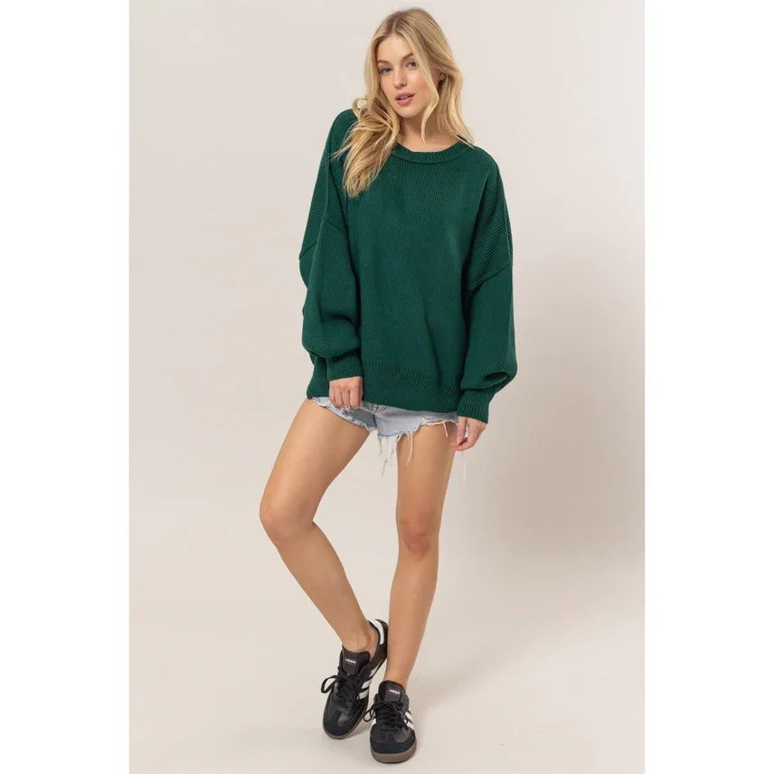 Emerald green crewneck oversized sweater top from Shop Daisy in women’s boho chic clothing