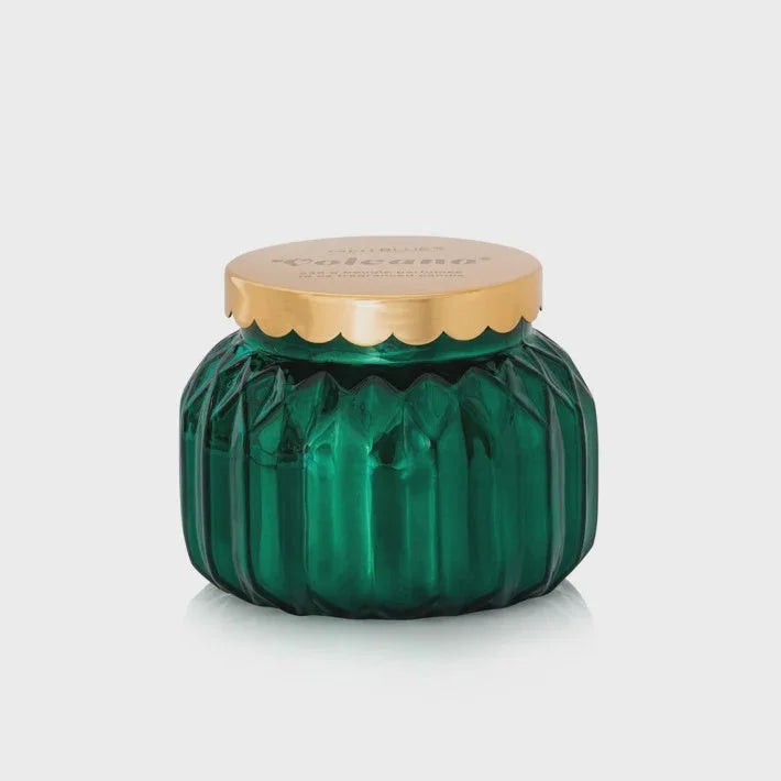 Emerald green glass jar with scalloped gold lid for CAPRI BLUE SIGNATURE ROYAL GEM volcano candle