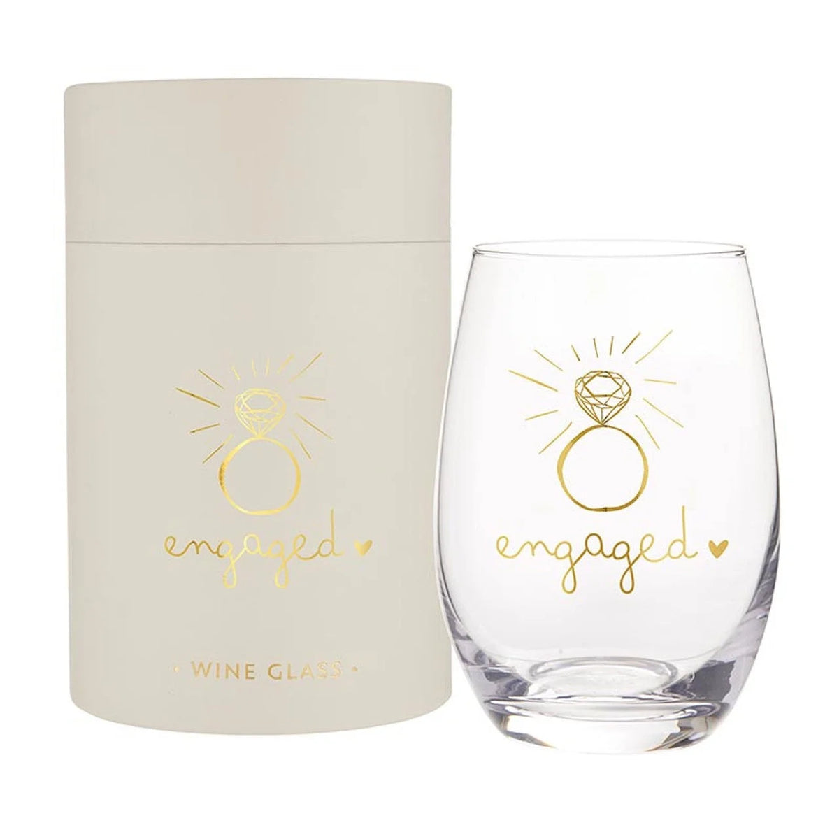Engagement-themed gold foil stemless wine glass and container for special occasions