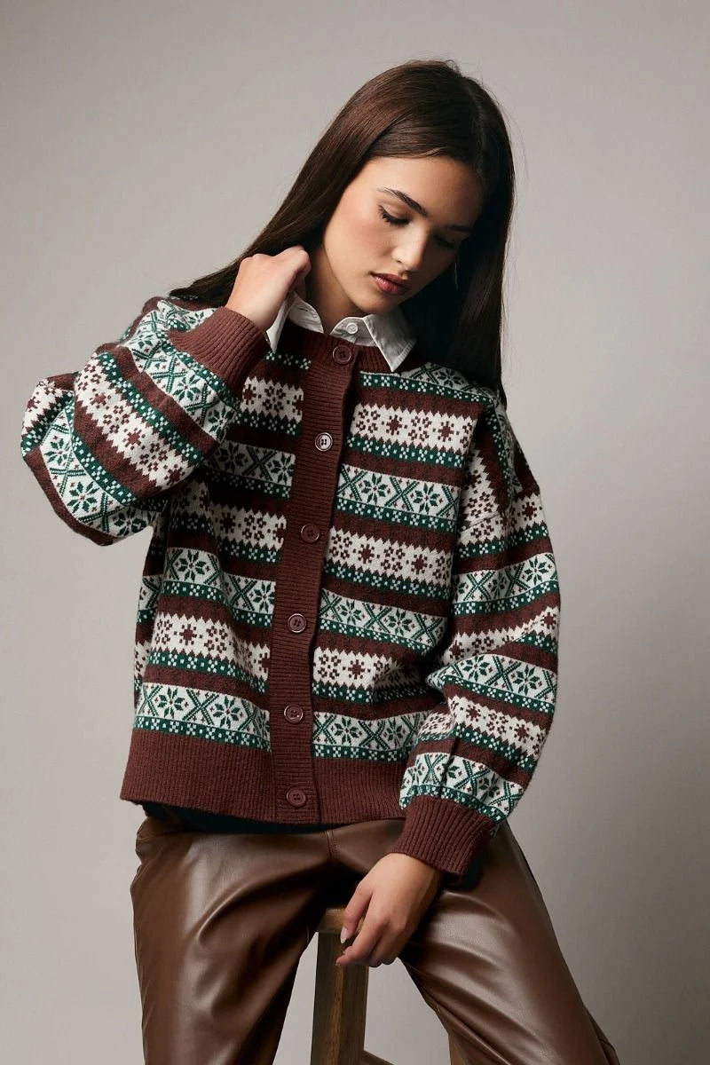 Round neck button-up graphic cardigan in Fair Isle brown, green, white stripes