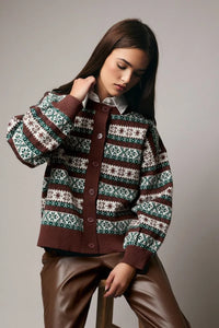 Round neck button-up graphic cardigan in Fair Isle brown, green, white stripes