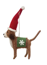 Wool felt dog ornament in holiday outfit with Santa hat and green snowflake blanket