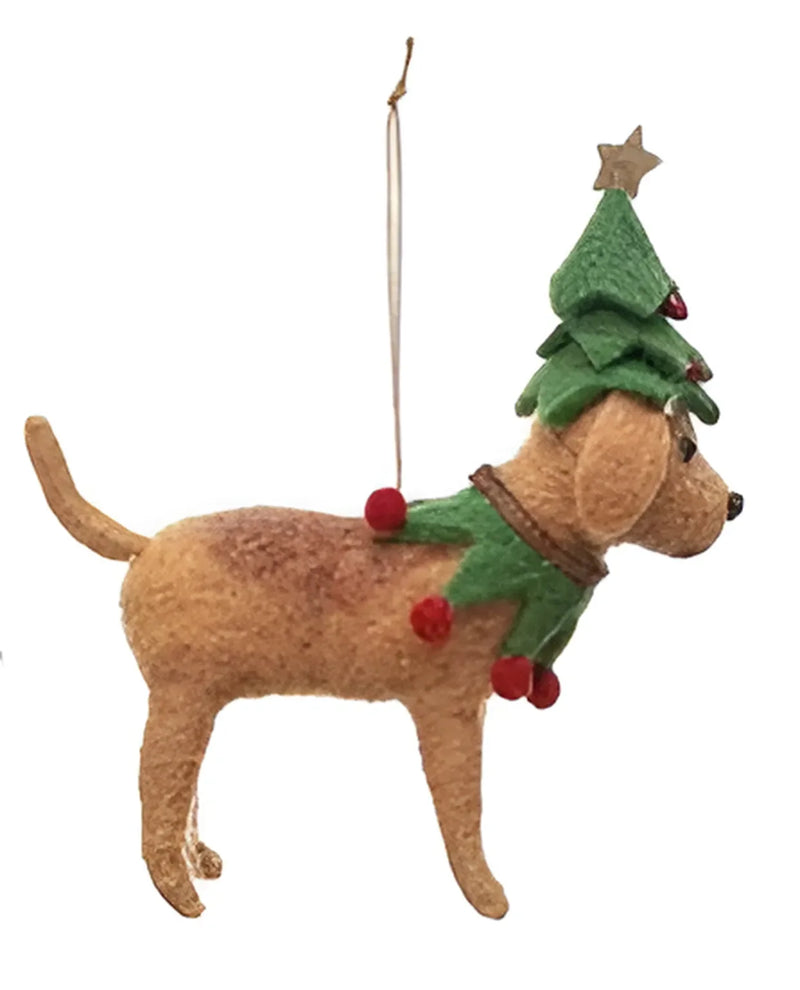 Wool felt dog ornament in holiday outfit featuring a Christmas tree hat and red collar