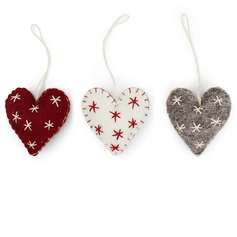 Handmade heart with stars ornament in red, white, and gray for women’s boho chic clothing