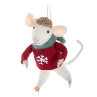 Felt mouse ornament in red snowflake sweater and green scarf made of wool felt