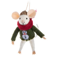 Felt mouse ornament in a snowman sweater and red scarf, made of wool felt