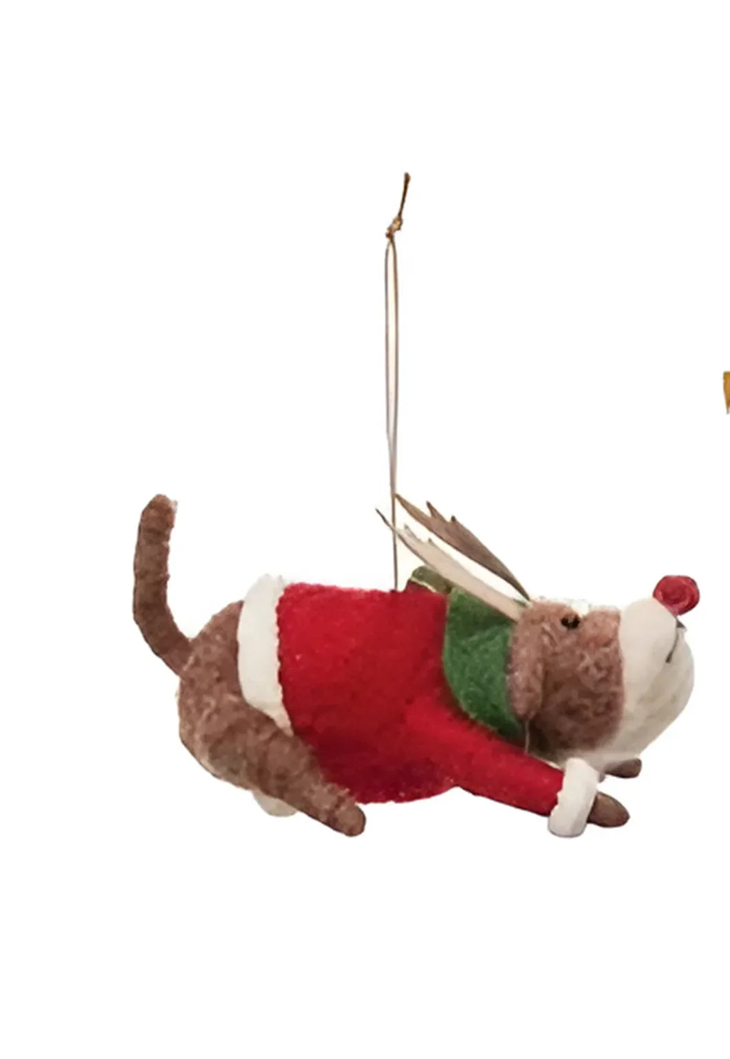 Wool felt dog ornament in holiday outfit with red and green accents for hanging