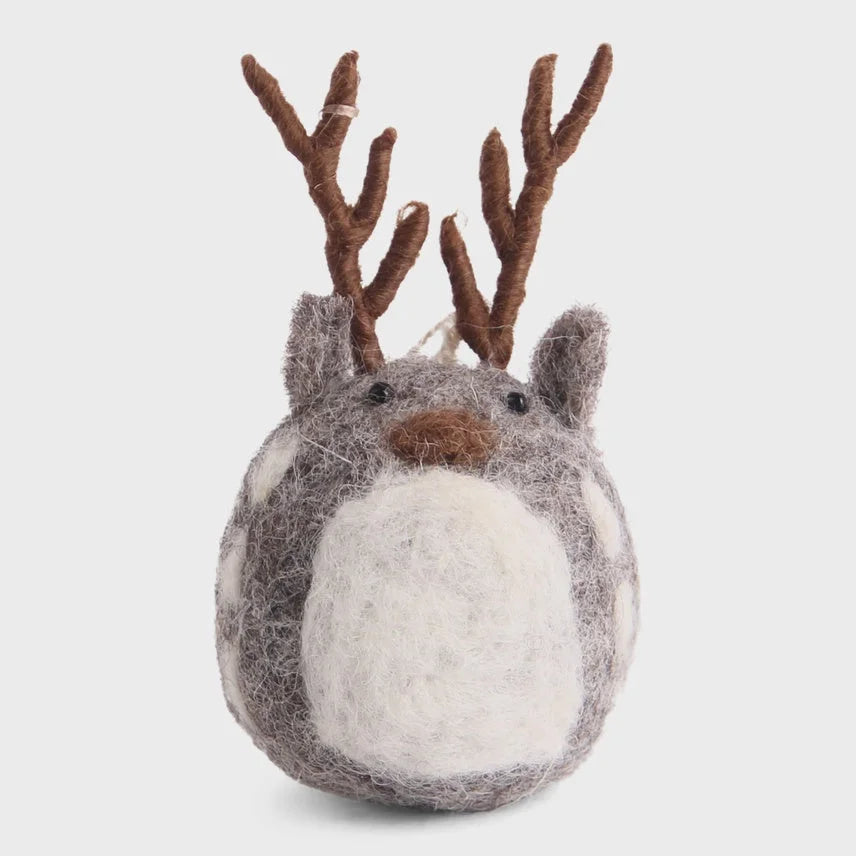Handmade deer ornament: felt reindeer with antlers, white belly, gray body, brown nose, eyes