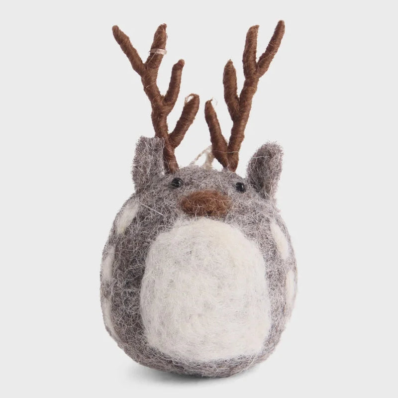 Handmade deer ornament: felt reindeer with antlers, white belly, gray body, brown nose, eyes