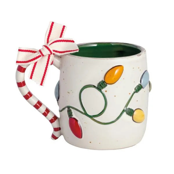 Festive Christmas Lights Bow Mug with candy cane handle and colorful string lights