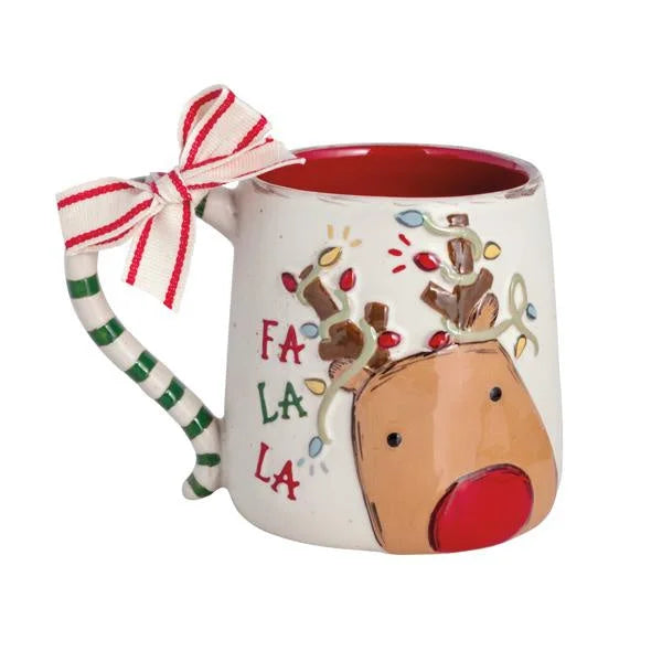 Festive Christmas Reindeer Bow Mug featuring a striped bow design for holiday cheer