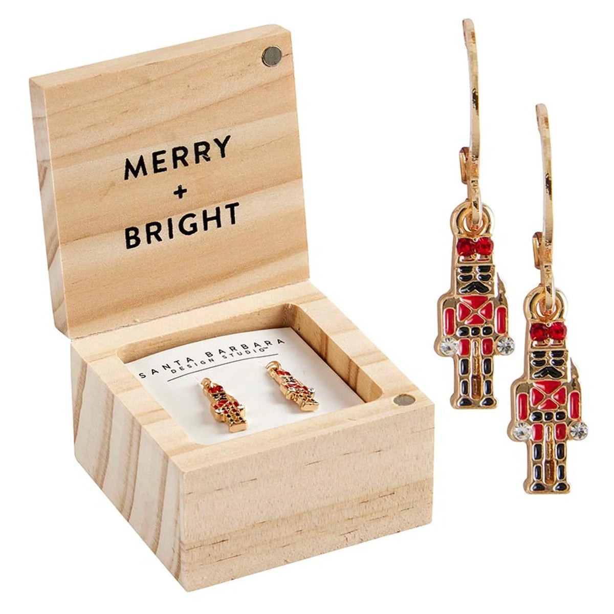 Festive nutcracker box earrings in a wooden gift box with Merry + Bright lid design