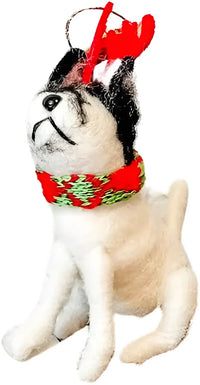 Festive wool felt dog ornament in holiday outfit with red antlers and scarf