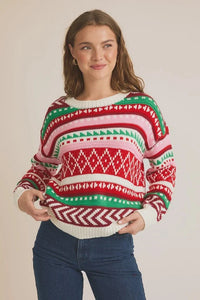 Festive round neck long sleeve colored Christmas sweater with geometric designs