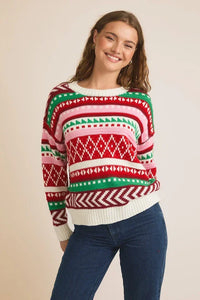 Festive round neck long sleeve colored Christmas sweater with geometric patterns