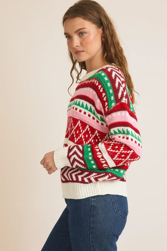 Festive round neck long sleeve colored Christmas sweater with Nordic geometric patterns